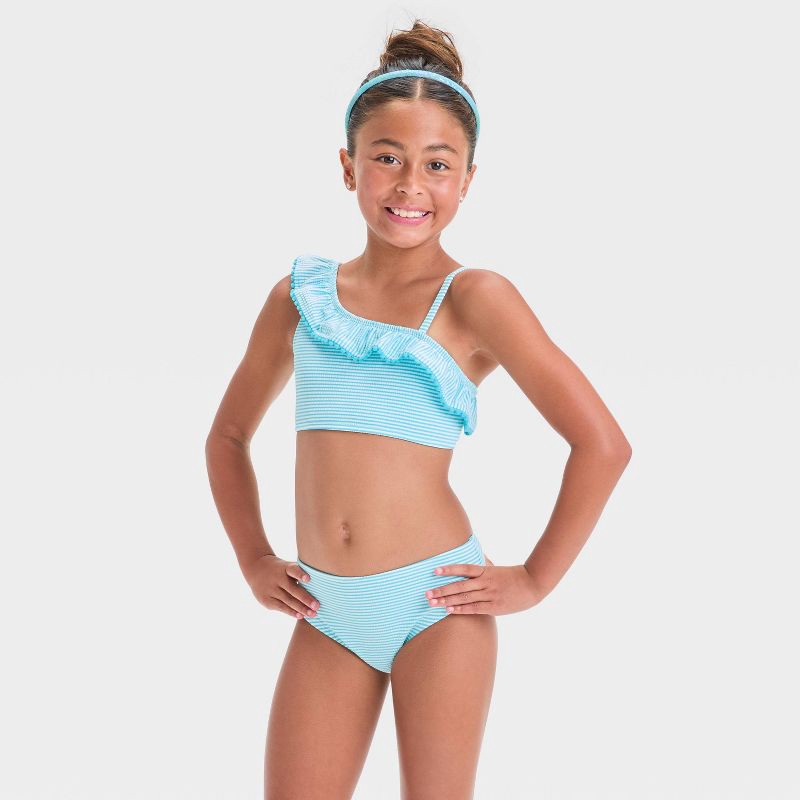 slide 1 of 3, Girls' Striped Bikini Set - Cat & Jack™ Blue L: Multi-Stripe, Full Lining, Adjustable Strap, UPF 50+, Machine Washable, 1 ct