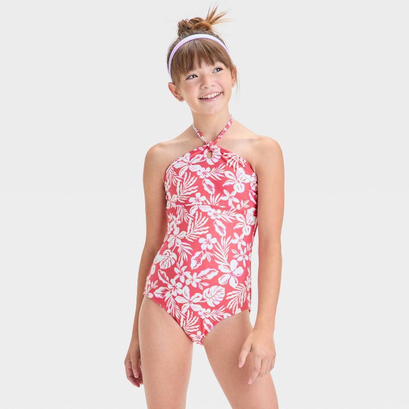 slide 1 of 3, Girls' Abstract Tropical Garden Printed One Piece Swimsuit - art class™ Red S: Sleeveless, UPF 50+, Botanical Pattern, 1 ct