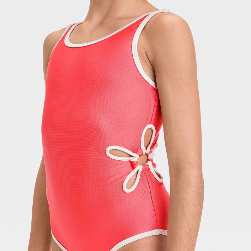 slide 3 of 3, Girls' Solid One Piece Swimsuit - Cat & Jack™ Coral Pink XS: Recycled Polyester, Spandex, UPF 50+, Full Lining, Cutout Design, 1 ct