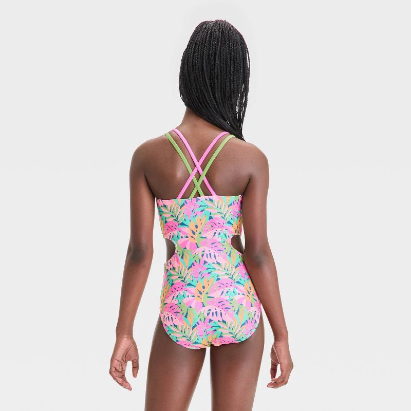 slide 2 of 3, Girls' Return to Paradise Floral Printed One Piece Swimsuit - art class™ XL: Crisscross Back, UPF 50+ Protection, 1 ct