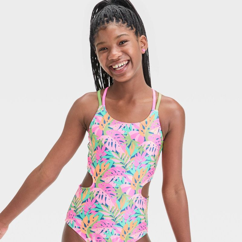slide 3 of 3, Girls' Return to Paradise Floral Printed One Piece Swimsuit - art class™ XL: Crisscross Back, UPF 50+ Protection, 1 ct