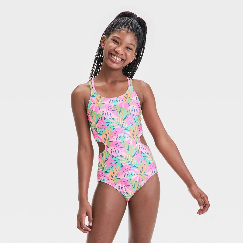 slide 1 of 3, Girls' Return to Paradise Floral Printed One Piece Swimsuit - art class™ XL: Crisscross Back, UPF 50+ Protection, 1 ct