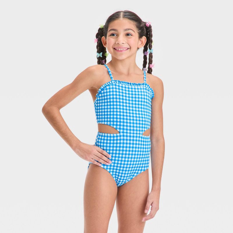 slide 1 of 3, Girls' Gingham Checkered One Piece Swimsuit - Cat & Jack™ Blue S: Recycled Polyester, Spandex, UPF 50+, Adjustable Straps, 1 ct