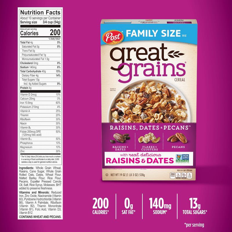 slide 5 of 10, Post Great Grains Raisins Dates & Pecans Breakfast Cereal - 19oz, 19 oz