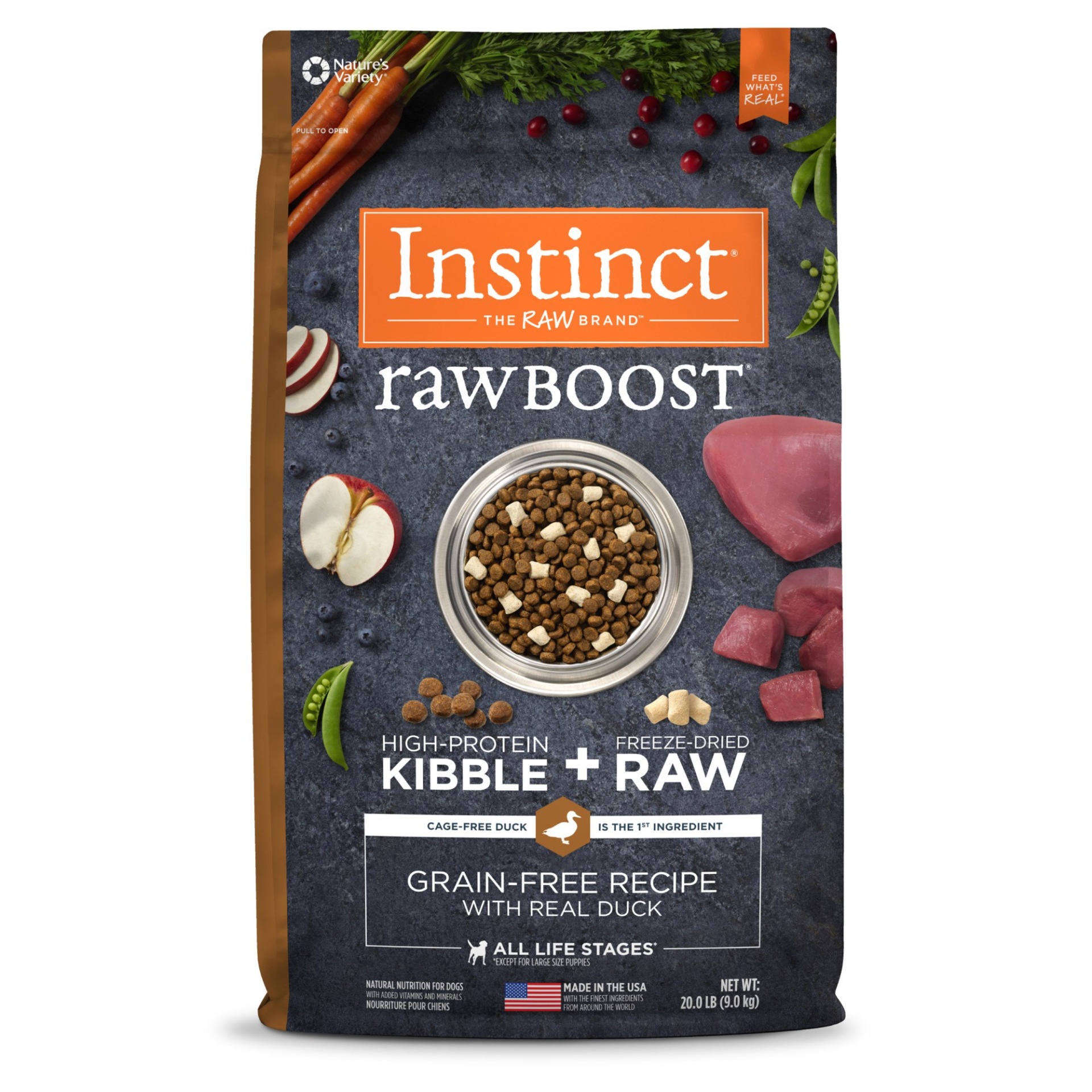 slide 1 of 1, Nature's Variety Instinct Raw Boost Grain Free Recipe with Real Duck Natural Dry Dog Food by Nature's Variety, 20 lb