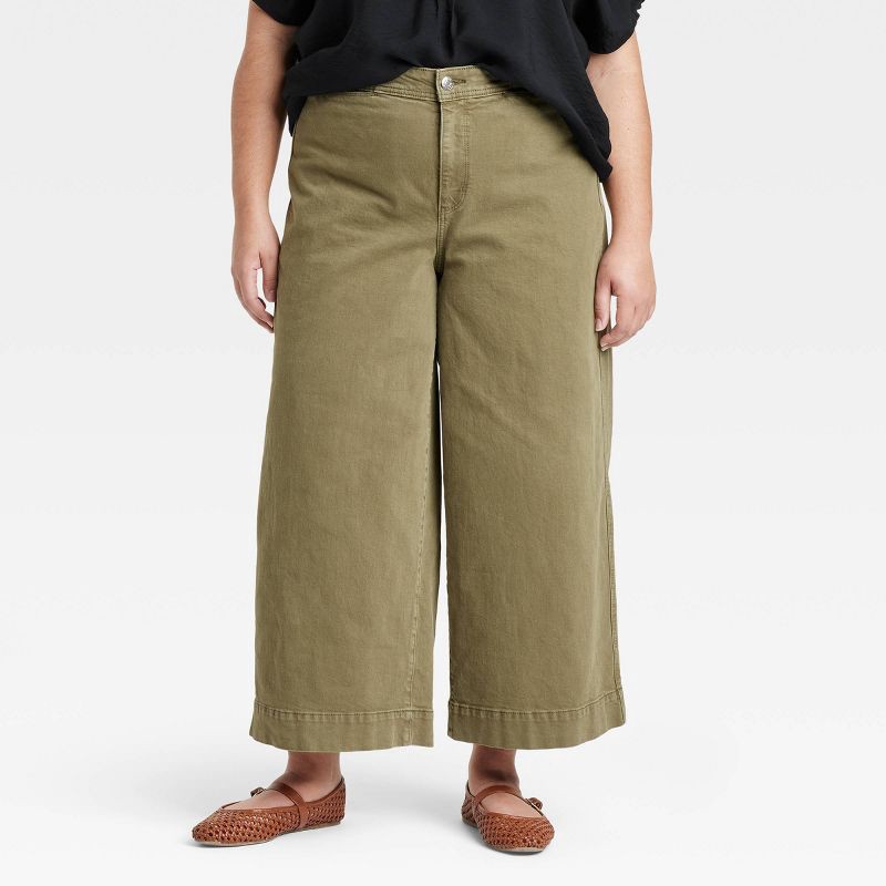 slide 1 of 3, Women's Smart High-Rise Wide Leg Jeans - Ava & Viv™ Olive Green 22: Cotton Denim, Relaxed Fit, Ankle Length, 1 ct