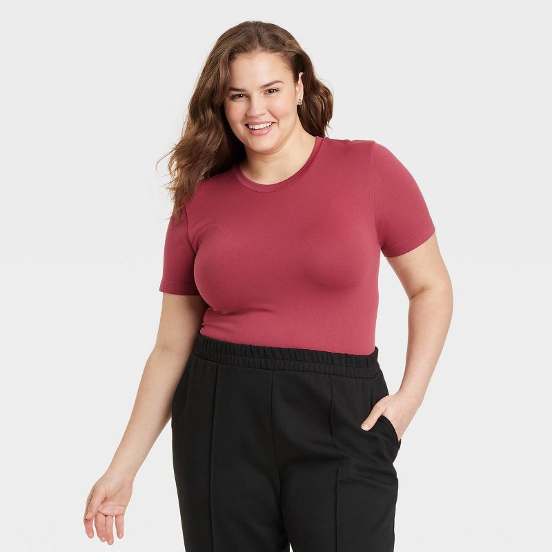 slide 1 of 3, Women's Slim Fit Short Sleeve Seamless Baby T-Shirt - A New Day™ Dark Pink XXL: Lightweight Nylon-Spandex Pullover, Crew Neck, Below Waist, 1 ct