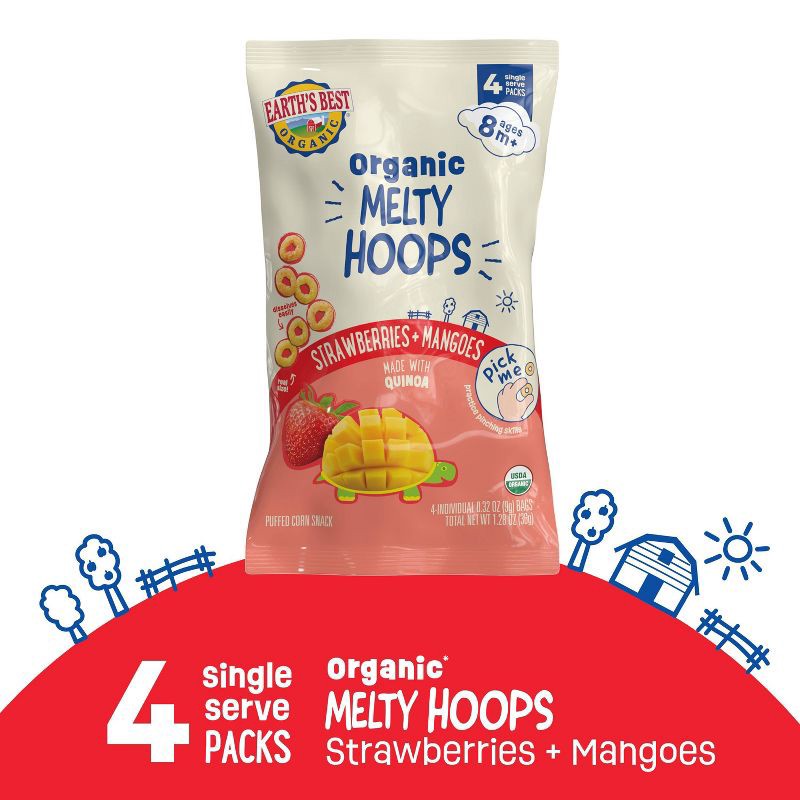 slide 8 of 8, Earth's Best Organic Melty Hoops Multipack Baby & Toddler Snacks - Strawberry Mango - 1.28oz - 4ct, 1.28 oz, 4 ct