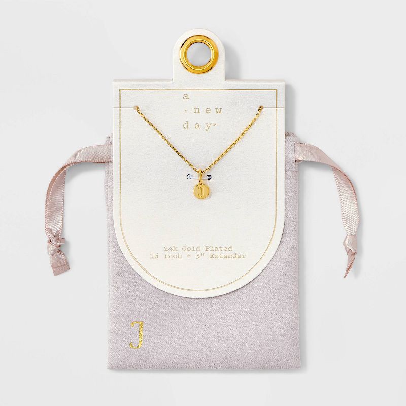 slide 1 of 4, 14K Gold Plated Round J Initial Necklace - A New Day™ Gold: Cable Chain, Spring Ring Clasp, Cubic Zirconia Stone, 1 ct