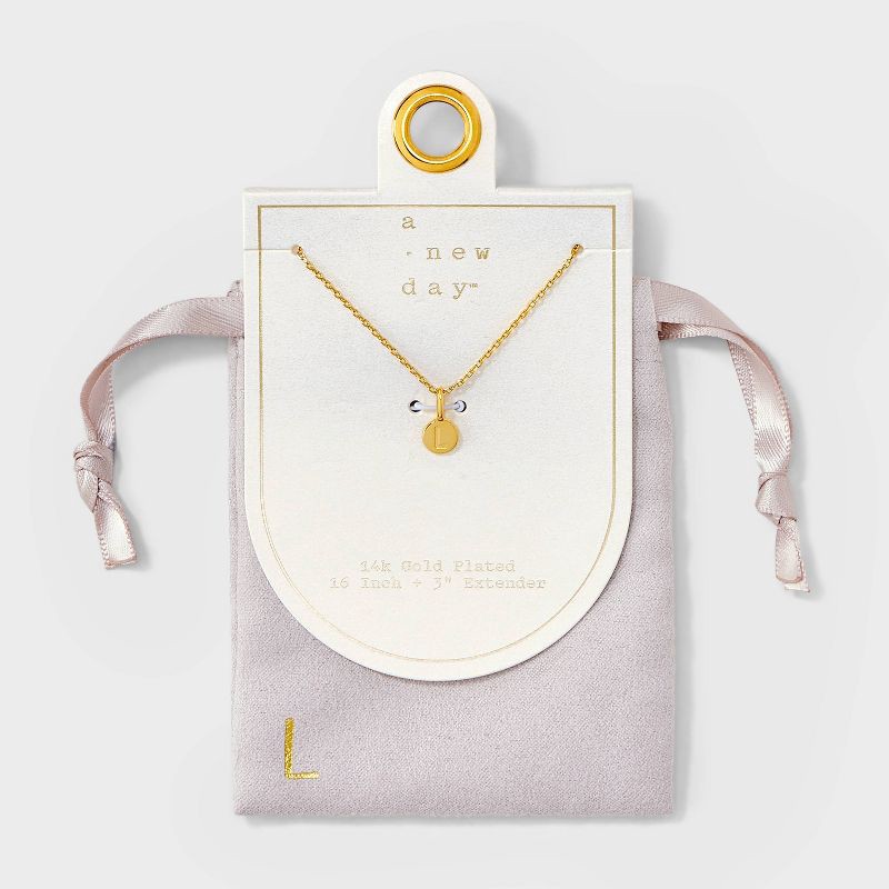 slide 1 of 4, 14K Gold Plated Round L Initial Necklace - A New Day™ Gold: Nickel-Free, 19" Cable Chain, Spring Ring Clasp, 1 ct