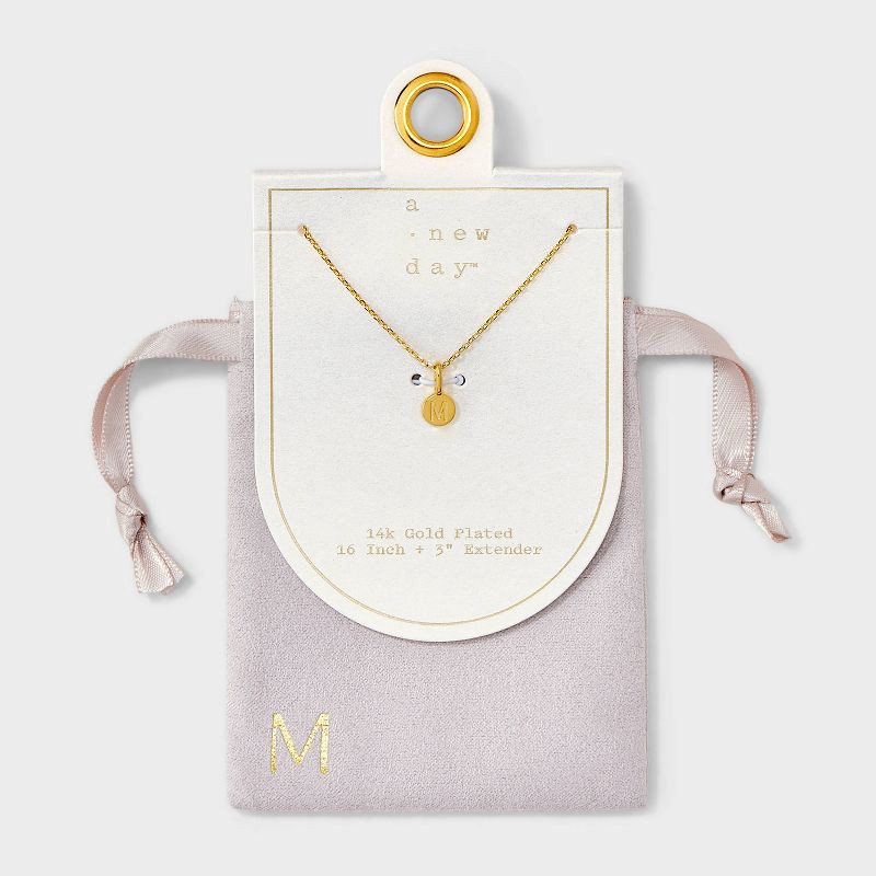slide 1 of 4, 14K Gold Plated Round M Initial Necklace - A New Day™ Gold: Nickel-Free, 19" Cable Chain with Extender, 1 ct