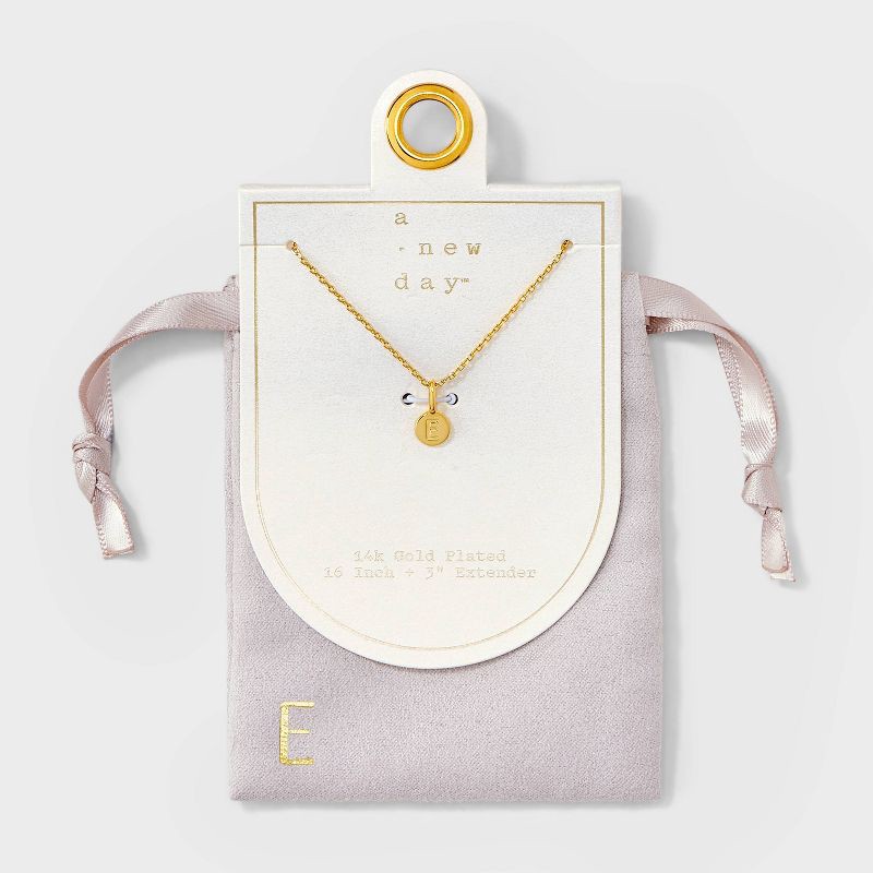 slide 1 of 4, 14K Gold Plated Round E Initial Necklace - A New Day™ Gold: Cable Chain, Spring Ring Clasp, Cubic Zirconia, 19" Length, 1 ct