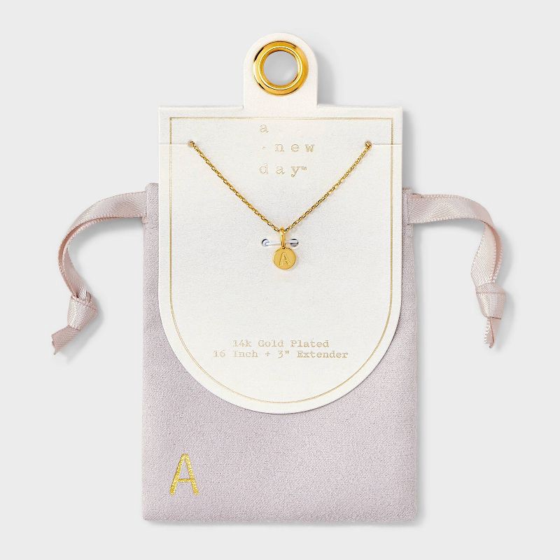 slide 1 of 4, 14K Gold Plated Round A Initial Necklace - A New Day™ Gold: Cable Chain, Spring Ring Clasp, Cubic Zirconia Stone, 1 ct