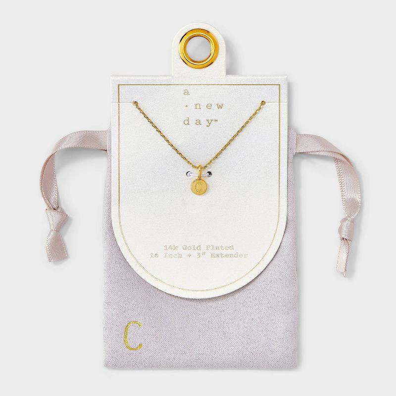 slide 1 of 4, 14K Gold Plated Round C Initial Necklace - A New Day™ Gold: Cable Chain, Spring Ring Clasp, Cubic Zirconia Stone, 1 ct