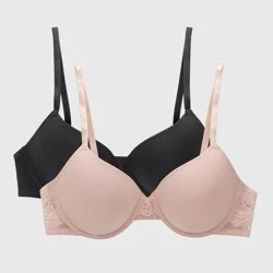 Maidenform Women's 2pk Push-Up Underwire Bra MBT843 - Black/Sandshell 34C: Padded, Adjustable Straps, Medium Coverage