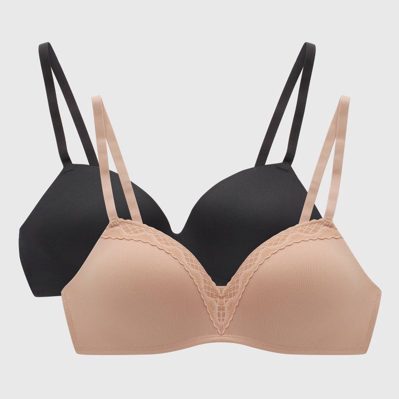 slide 1 of 6, Maidenform Women's 2pk Modern Demi Wireless T-Shirt Bra MBT842 - Black/Almond 34A: Polyester & Spandex, Adjustable Strap, Medium Coverage, 2 ct