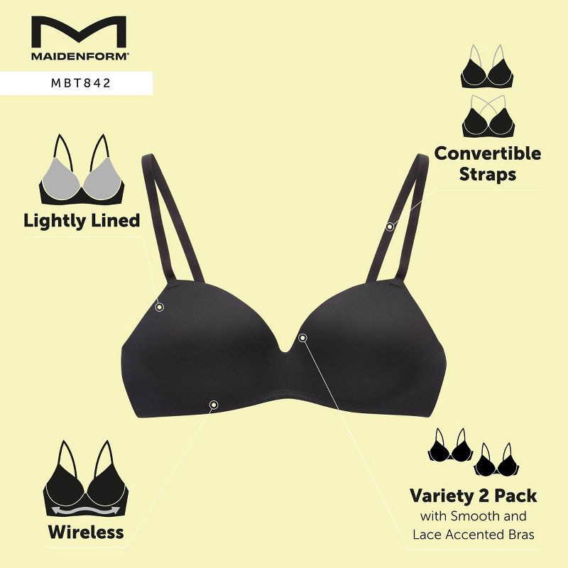 slide 6 of 6, Maidenform Women's 2pk Modern Demi Wireless T-Shirt Bra MBT842 - Black/Almond 38C: Polyester Spandex Blend, Adjustable Strap, Medium Coverage, 2 ct