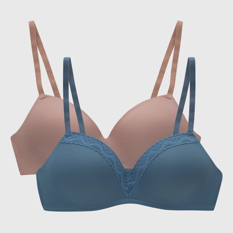slide 1 of 9, Maidenform Women's 2pk Modern Demi Wireless T-Shirt Bra MBT842 - Evening Blush/Blue Dive 34B: Polyester Spandex Blend, Adjustable Strap, 2 ct