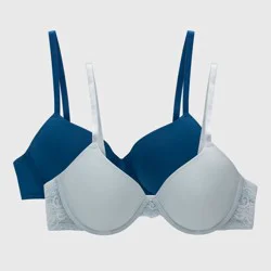 Maidenform Women's 2pk Push-Up Underwire Bra MBT843 - Salty Pepper Gray/Navy 36C: Padded Cups, Adjustable Straps, Back Hook Closure