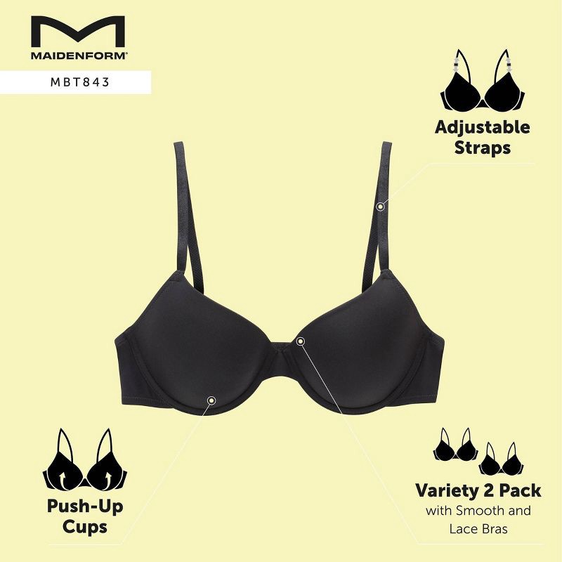 slide 8 of 8, Maidenform Women's 2pk Push-Up Underwire Bra MBT843 - Salty Pepper Gray/Navy 38D: Padded Cups, Adjustable Straps, Knit Fabric, 2 ct