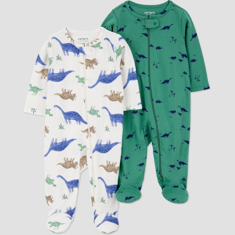 slide 1 of 4, Carter's Just One You®️ Baby Boys' 2pk Dinos Sleep N' Play - Green/Ivory 3M: Cotton, Two-Way Zipper, Footed Pajamas, 2 ct