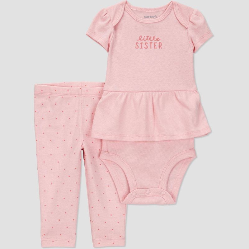 slide 1 of 4, Carter's Just One You®️ Baby 2pc Little Sister Top & Bottom Set - 12M: Cotton Bodysuit & Pants, Typography Pattern, 2 ct