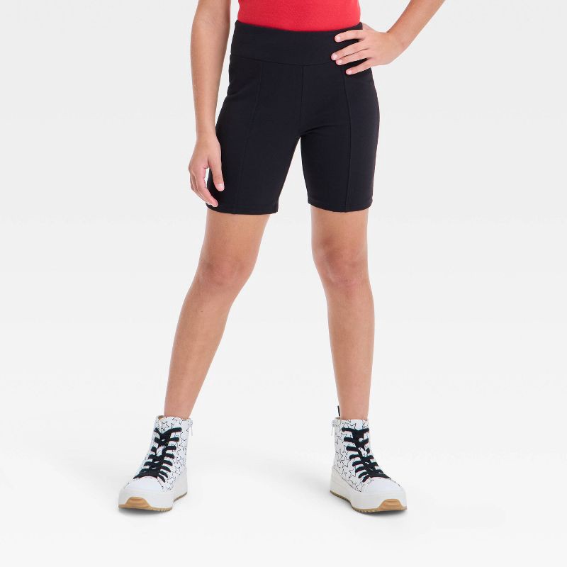 slide 1 of 3, Girls' Long Bike Shorts - art class™ Black XL: High Rise, Slim Fit, Jersey, Hidden Pocket, Turnback Hem, 6.25" Inseam, 1 ct