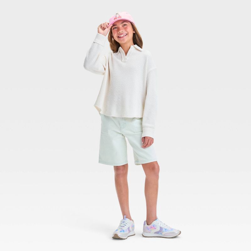 slide 3 of 3, Girls' Mid-Rise Baggy Bermuda Jean Shorts - art class™ Light Wash L: Adjustable Waist, Stretch Denim, 1 ct