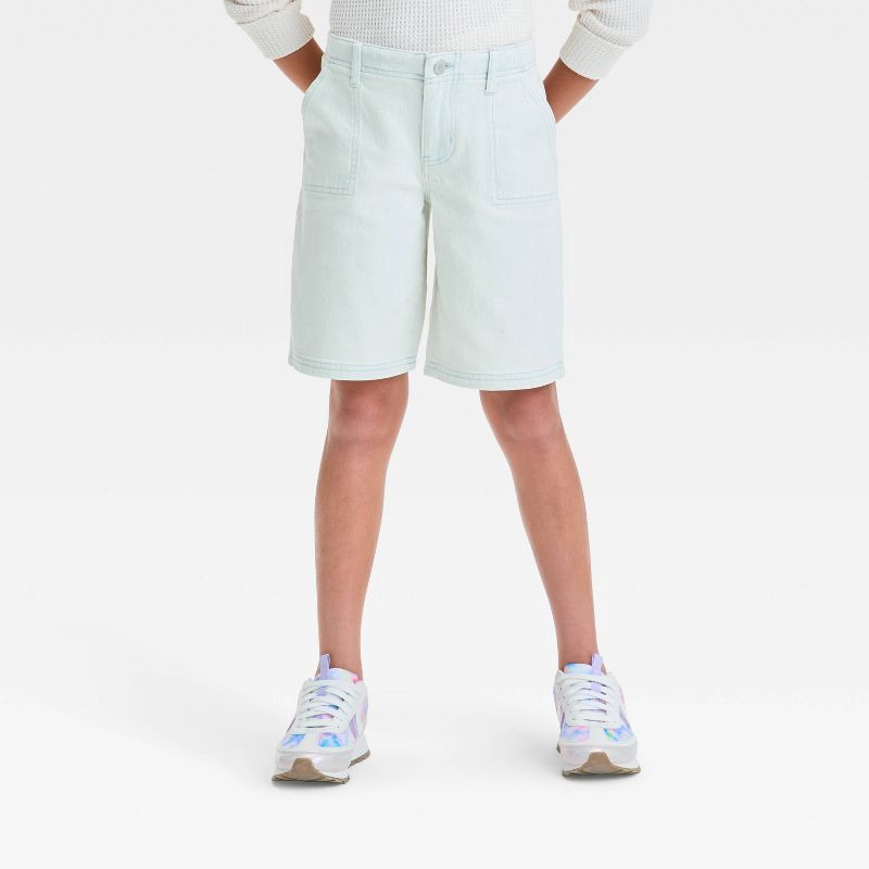 slide 1 of 3, Girls' Mid-Rise Baggy Bermuda Jean Shorts - art class™ Light Wash L: Adjustable Waist, Stretch Denim, 1 ct