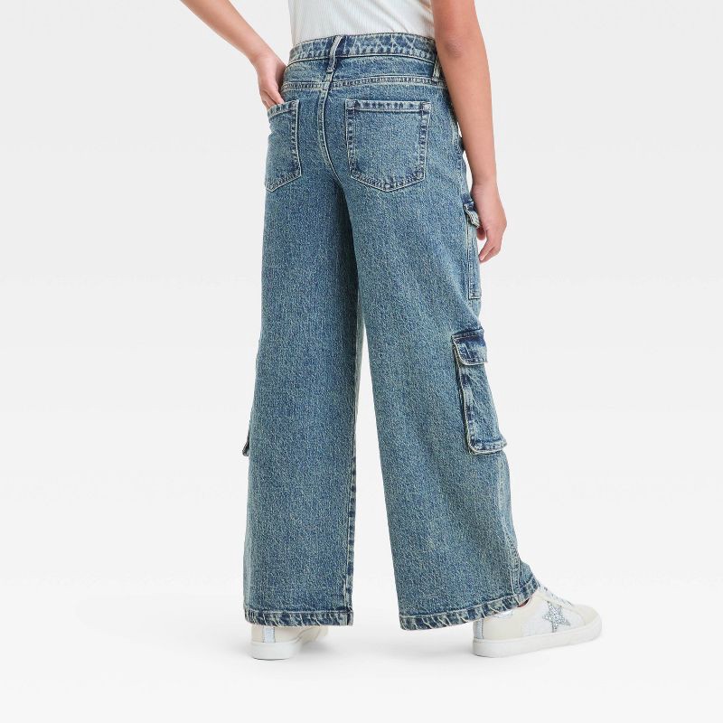 slide 2 of 3, Girls' Mid-Rise Wide Leg Cargo Jeans - art class™ Light Wash 14: Adjustable Waistband, Stretch Denim, 1 ct