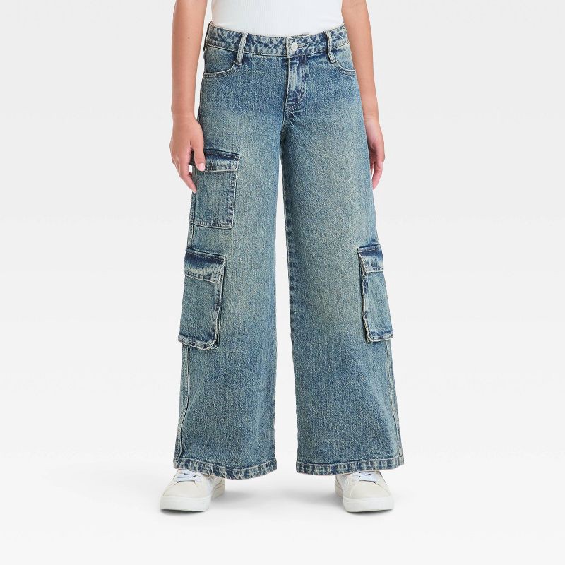 slide 1 of 3, Girls' Mid-Rise Wide Leg Cargo Jeans - art class™ Light Wash 14: Adjustable Waistband, Stretch Denim, 1 ct
