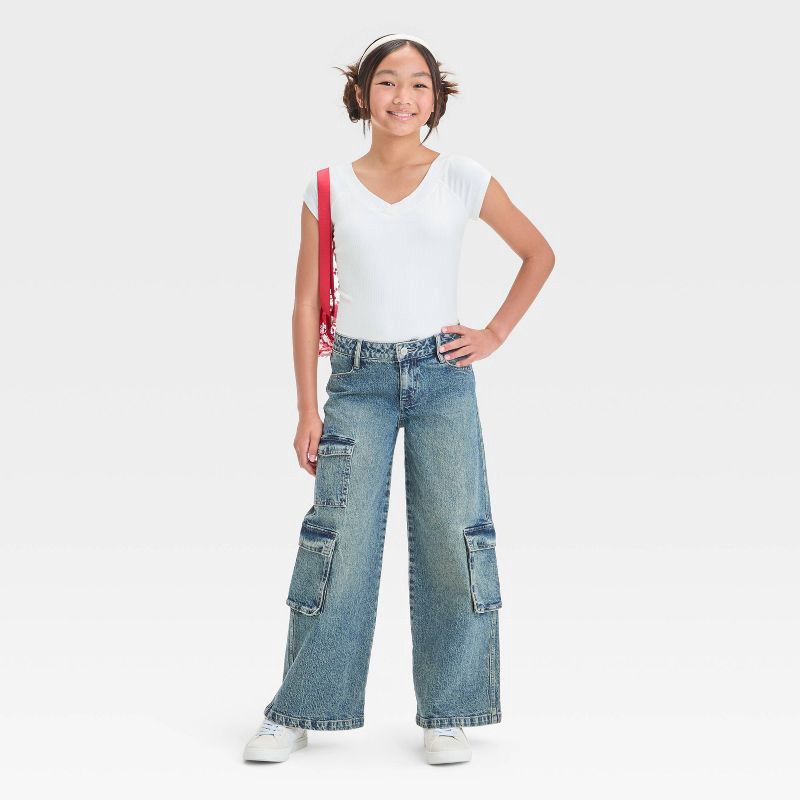 slide 3 of 3, Girls' Mid-Rise Wide Leg Cargo Jeans - art class™ Light Wash 14: Adjustable Waistband, Stretch Denim, 1 ct