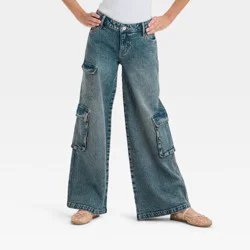 Girls' Mid-Rise Wide Leg Cargo Jeans - art class™ Dark Wash 12: Adjustable Waistband, Flap & Cargo Pockets