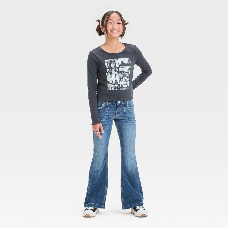 slide 3 of 3, Girls' Low-Rise Flare Jeans - art class™ Medium Wash 14: Cotton Blend, Adjustable Waistband, Stretch Denim, 26" Inseam, 1 ct
