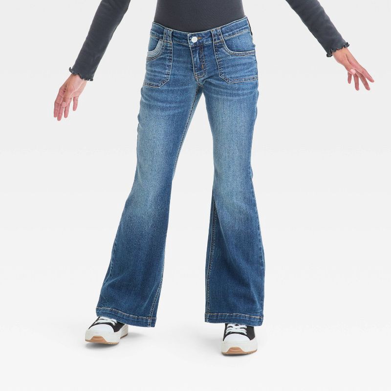 slide 1 of 3, Girls' Low-Rise Flare Jeans - art class™ Medium Wash 14: Cotton Blend, Adjustable Waistband, Stretch Denim, 26" Inseam, 1 ct
