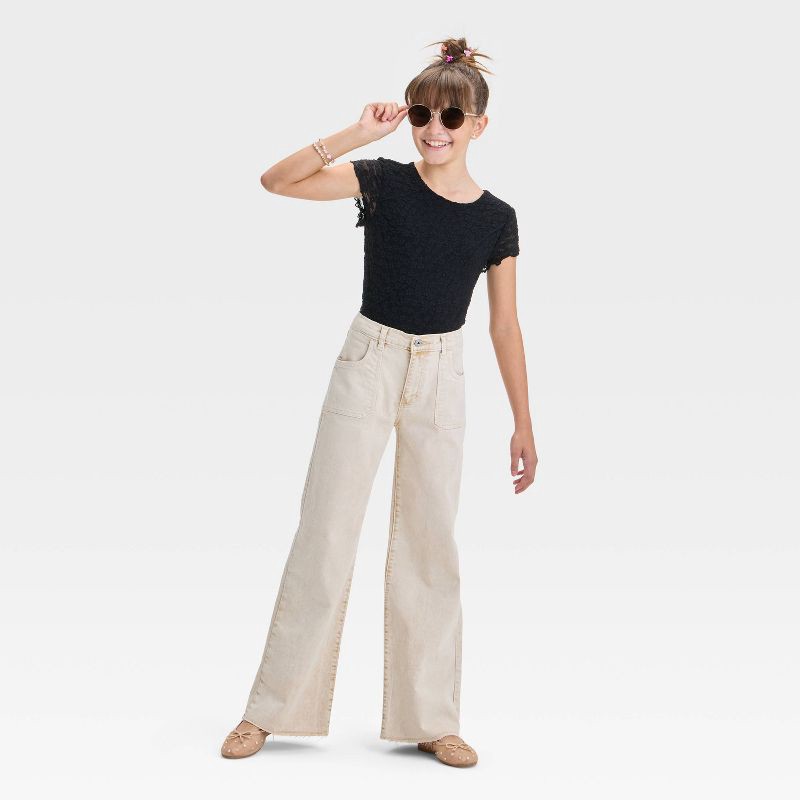 slide 3 of 3, Girls' Mid-Rise Wide Leg Carpenter Jeans - art class™ Beige 7: Loose Fit, Denim, Raw Edge Hem, Stretch Fabric, 1 ct