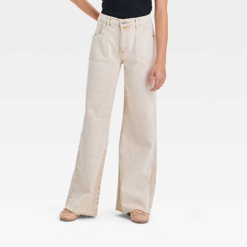slide 1 of 3, Girls' Mid-Rise Wide Leg Carpenter Jeans - art class™ Beige 7: Loose Fit, Denim, Raw Edge Hem, Stretch Fabric, 1 ct
