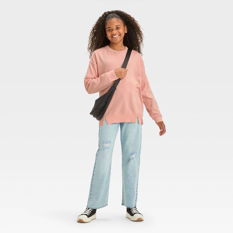 slide 5 of 6, Girls' High-Rise Wide Leg Baggy Jeans - art class™ Light Wash 5: Adjustable Waistband, Lightweight Denim, Stretch Fabric, 1 ct