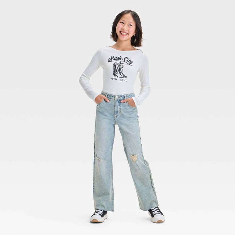 slide 3 of 6, Girls' High-Rise Wide Leg Baggy Jeans - art class™ Light Wash 6: Adjustable Waistband, Stretch Denim, 1 ct