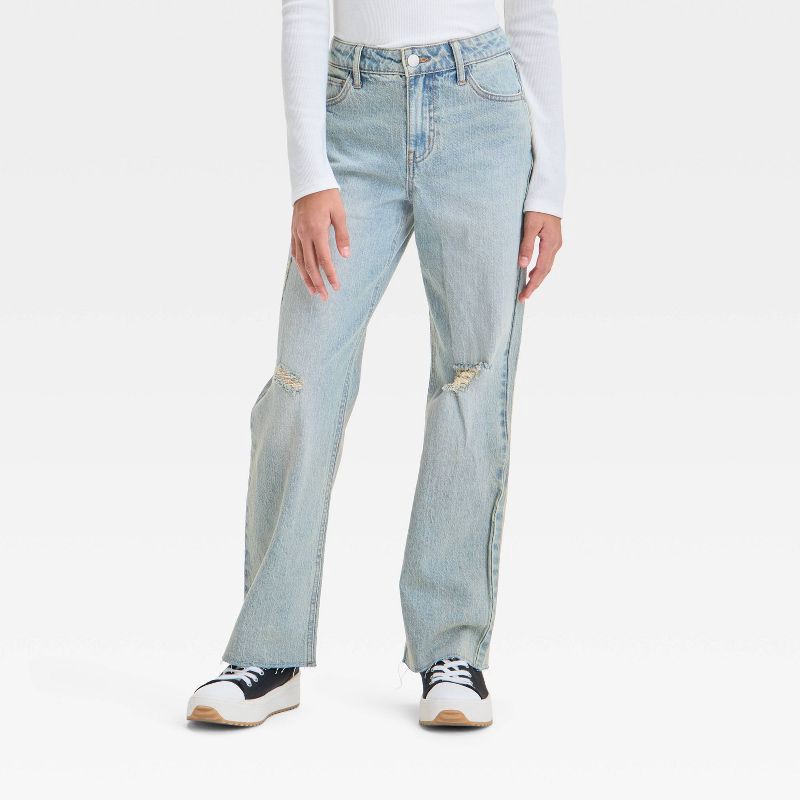 slide 1 of 6, Girls' High-Rise Wide Leg Baggy Jeans - art class™ Light Wash 6: Adjustable Waistband, Stretch Denim, 1 ct