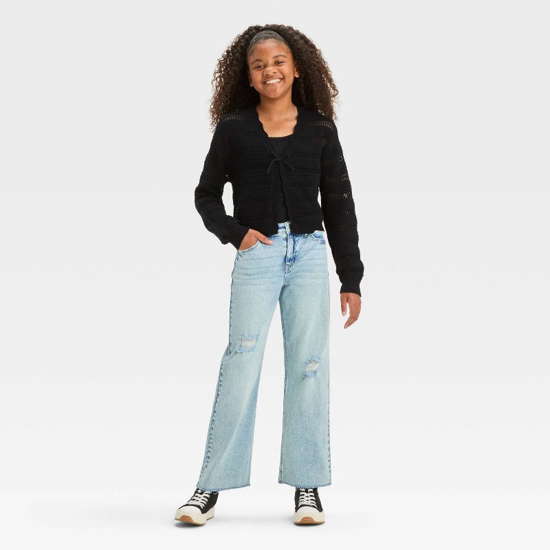 slide 4 of 6, Girls' High-Rise Wide Leg Baggy Jeans - art class™ Light Wash 8: Adjustable Waistband, Raw Edge Hem, 1 ct
