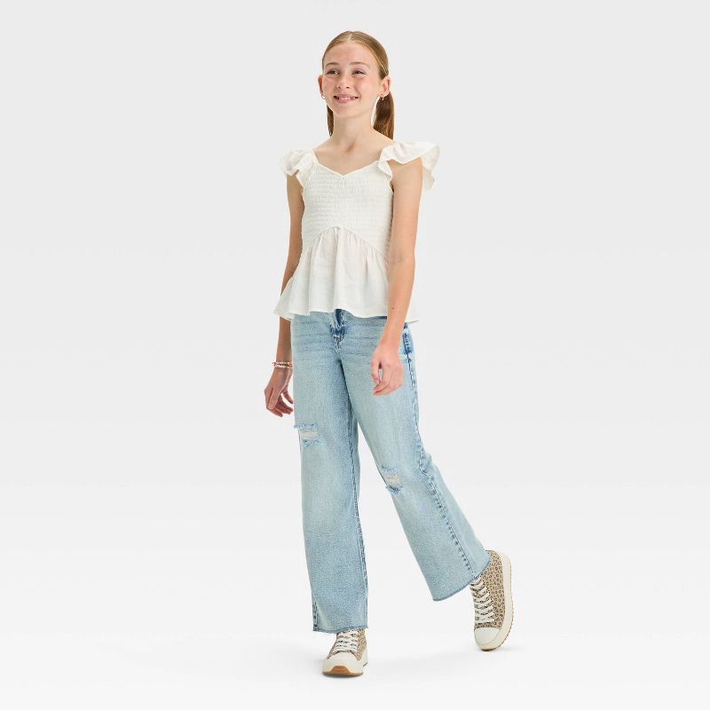 slide 6 of 6, Girls' High-Rise Wide Leg Baggy Jeans - art class™ Light Wash 8: Adjustable Waistband, Raw Edge Hem, 1 ct