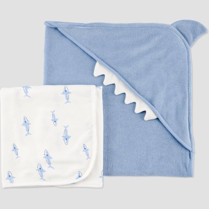 slide 1 of 4, Carter's Just One You®️ Baby 2pk Shark Towel - Blue: Cotton Polyester Hooded Towels, Animal Theme, 29"x29", 2 ct