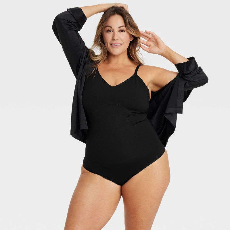 slide 3 of 4, Women's Medium Shaping Seamless Thong Bodysuit - Auden™ Black XXL: Adjustable Strap, Tummy Slimming, 1 ct