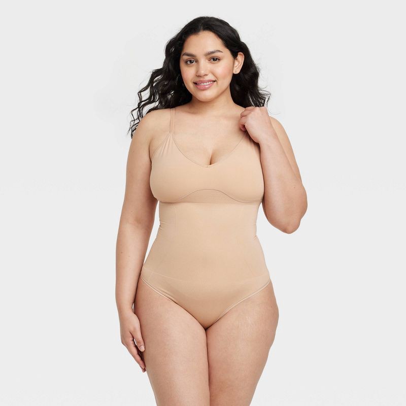 slide 4 of 6, Women's Medium Shaping Seamless Thong Bodysuit - Auden™ Pearl Tan XL: Nylon Spandex Blend, Adjustable Straps, Tummy Slimming, 1 ct