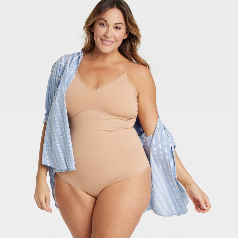slide 3 of 4, Women's Medium Shaping Seamless Thong Bodysuit - Auden™ Pearl Tan XXL: Nylon Spandex, Adjustable Strap, 1 ct