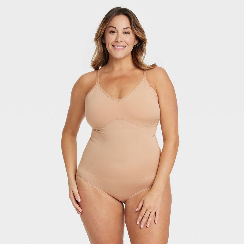 slide 1 of 4, Women's Medium Shaping Seamless Thong Bodysuit - Auden™ Pearl Tan XXL: Nylon Spandex, Adjustable Strap, 1 ct