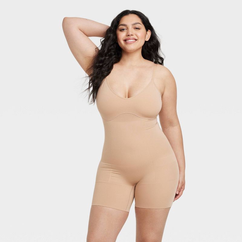 slide 4 of 6, Women's Medium Shaping Seamless Mid-Thigh Bodysuit - Auden™ Pearl Tan M: Nylon Spandex Knit, Medium Compression, 1 ct