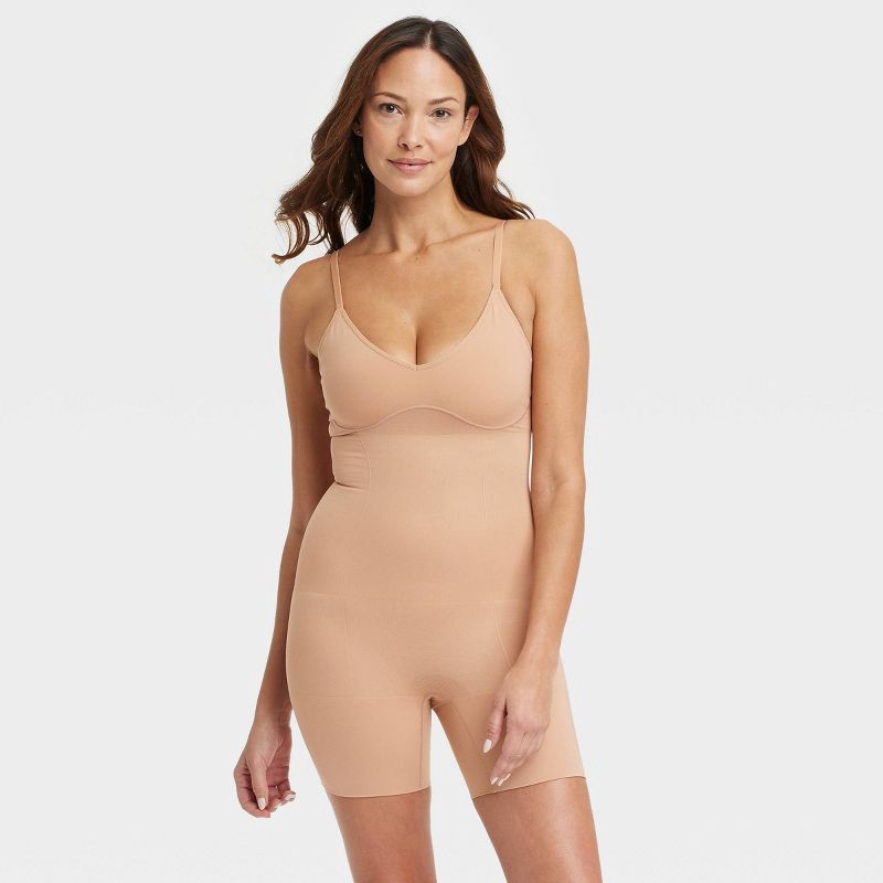 slide 1 of 6, Women's Medium Shaping Seamless Mid-Thigh Bodysuit - Auden™ Pearl Tan L: Nylon-Spandex Blend, Medium Compression, Tummy & Thigh Slimming, 1 ct