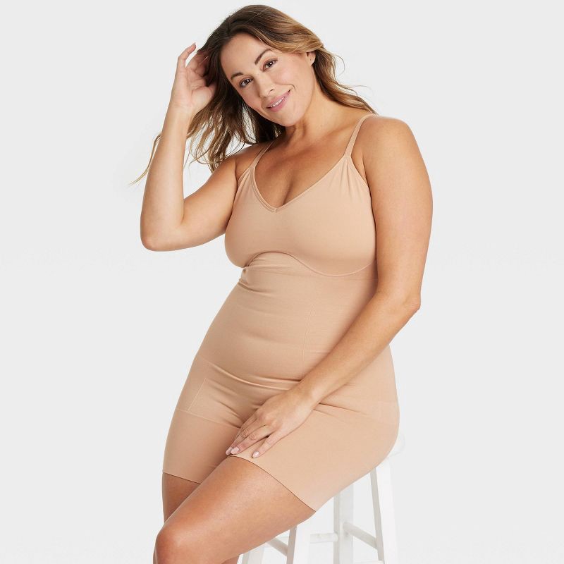 slide 3 of 4, Women's Medium Shaping Seamless Mid-Thigh Bodysuit - Auden™ Pearl Tan XXL: Nylon Spandex Blend, Medium Compression, Tummy Slimming, 1 ct